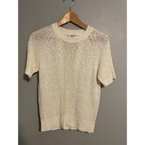 Vintage Cable Knit Sweater Womens Medium White Short Sleeve Cottagecore 70s